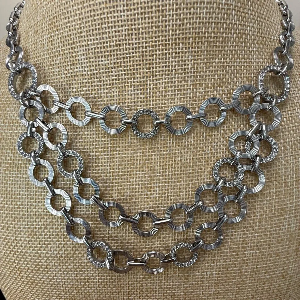 Loft Three-Layer Silver-Tone Necklace With Circular Links‎ & Rhinestone Accents